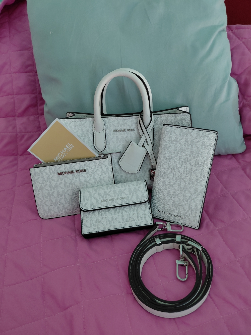Michael Kors White Monogram Satchel Set with Wallets and Strap